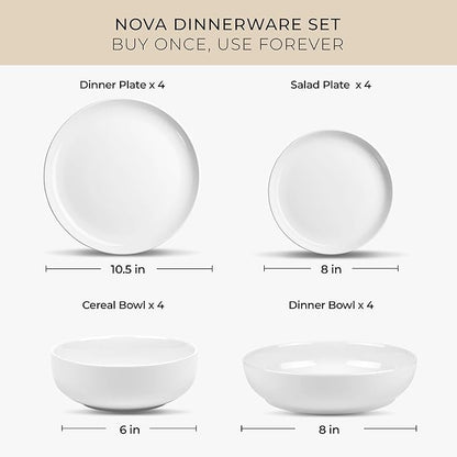 Zulay Kitchen Nova Porcelain Dinnerware Set, Service For 4 - Chip & Scratch Resistant White Plates And Bowls Sets - Microwave & Dishwasher Safe - White