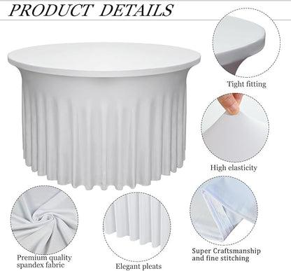 4 Pack White Round Table Skirt, 48 Inch Diameter x 30 Inch Height, Stretch Polyester Spandex Tablecloth for 4ft Round Tables, Stain & Wrinkle Resistant for Wedding, Party, Banquet Decor