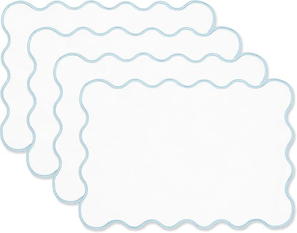 Hofdeco Premium Coastal Patio Indoor Outdoor Placemat Set of 4, 14"x19" Double-Layered, Waterproof Cloth Placemat for Kitchen or Dining Table. Baby Blue Embroidered Solid A
