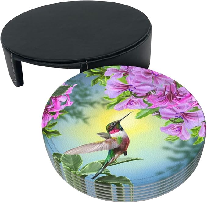 6 Pcs Hummingbirds and Brilliant Flowers Nature Landscape Leather Coasters - Image 3
