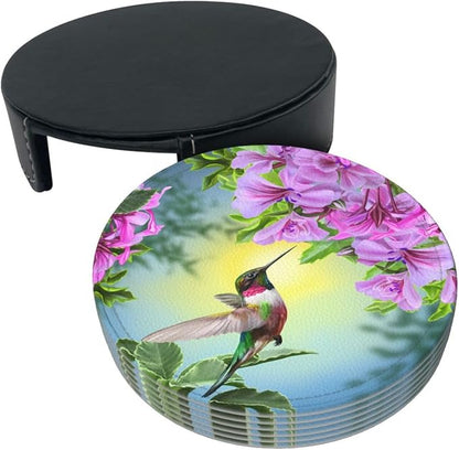 6 Pcs Hummingbirds and Brilliant Flowers Nature Landscape Leather Coasters - Image 3