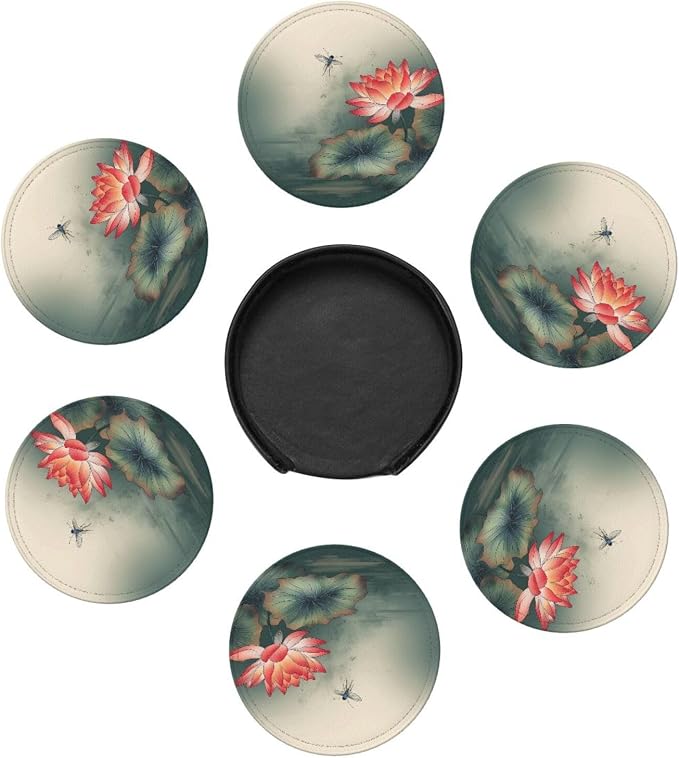 6Pcs PU Leather Coaster for Drinks, Lakeside Flower and Dragonfly Cup Coasters - Image 7