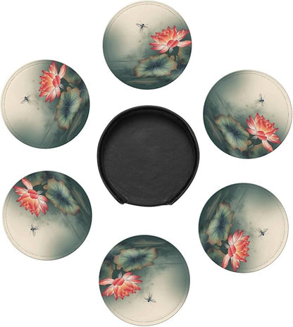6Pcs PU Leather Coaster for Drinks, Lakeside Flower and Dragonfly Cup Coasters - Image 7