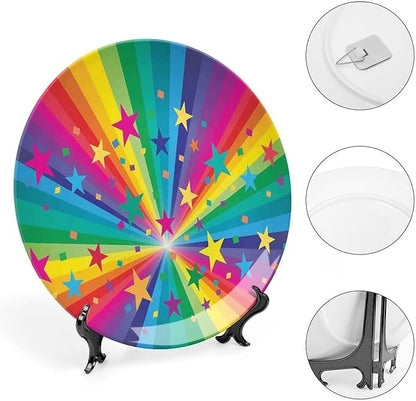 Ceramic Display Plate, Abstract Decor Ceramic Hanging Decorative Plate, Abstract Rainbow and Stars Confetti Rays Striped, 7 Inch, Living Room Kitchen Decoration Household, Multy