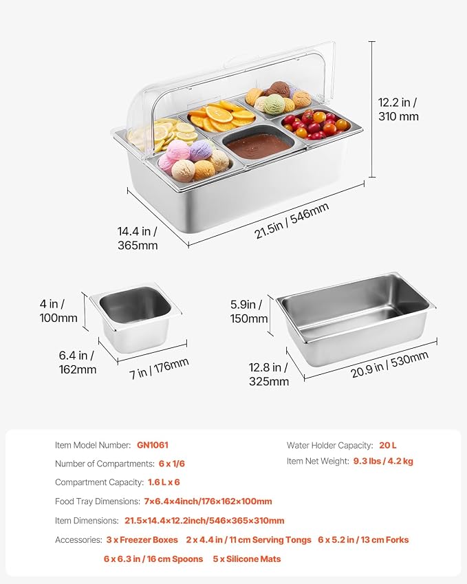 VEVOR Countertop Food Serving Display Container, 6 Pan Stainless Steel Food - Image 7