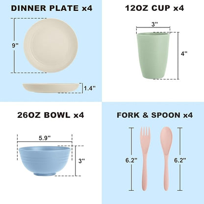 Wheat Straw Dinnerware Sets 20 PCS Service for 4, Unbreakable Kitchen Plates and Bowls Sets, Microwave Dishwasher Safe Dish Set, Outdoor Camping, RV, Apartment Essentials - Colorful