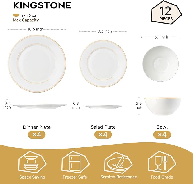 12Pcs Gold Trim White Bone China Set, Service - Image 2