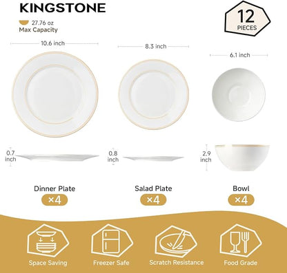 12Pcs Gold Trim White Bone China Set, Service - Image 2