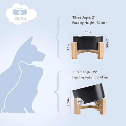 SPUNKYJUNKY 15° Slanted Ceramic Dog and Cat Bowl with Wooden Stand, Tilted Bulldog Food and Water Bowl No Slip Non-Spill for Cats Medium Dogs Big Face Pets 28.7 OZ (3.6 Cups, Black)