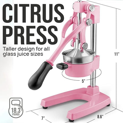 Zulay Kitchen Cast-Iron Orange Juice Squeezer - Heavy-Duty, Easy-to-Clean, Professional Citrus Juicer - Durable Stainless Steel Lemon Squeezer - Sturdy Manual Citrus Press & Orange Squeezer (Pink)