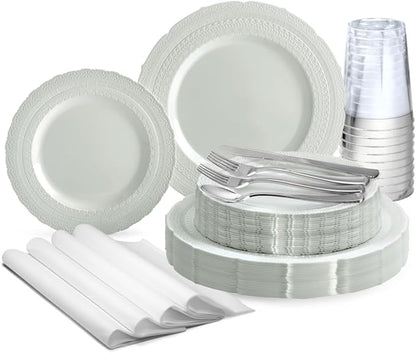" OCCASIONS " 320pcs set (40 Guests) Extra Heavyweight Vintage Wedding Disposable/Reusable Plastic Plates -40x11'' + 40x8.25''+Silverware+Cups+Napkins (Chateau Collection Light Gray)
