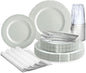 " OCCASIONS " 320pcs set (40 Guests) Extra Heavyweight Vintage Wedding Disposable/Reusable Plastic Plates -40x11'' + 40x8.25''+Silverware+Cups+Napkins (Chateau Collection Light Gray)