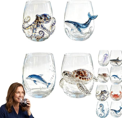 Artisanal Blue Ringed Octopus Glassware, 3D Ocean Glass Wine Glass，Set1 | by Unknown