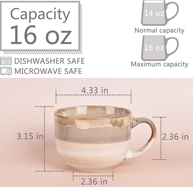 Bosmarlin Large Ceramic Coffee Mug Set of 2, Stoneware Jumbo Latte Mugs - Image 2