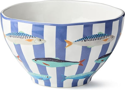 Something Fishy Ceramic DEEP SERVING BOWL 9 x 5 Inches, coastal striped serving by CERTIFIEDINTERNATIONAL