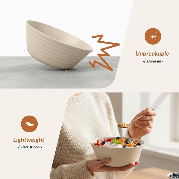 Premium Wheat Straw Bowls, Unbreakable Large Cereal Bowl Set of 6, Alternative - Image 3