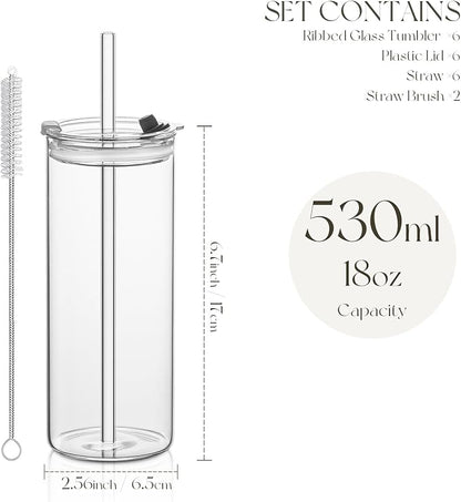 KEMORELA 6-Pack 18oz Large Round Glass Cups with Lids & Straws – Clear Tumblers for Iced Coffee, Juice, Smoothies – Reusable, Leakproof Beverage Set