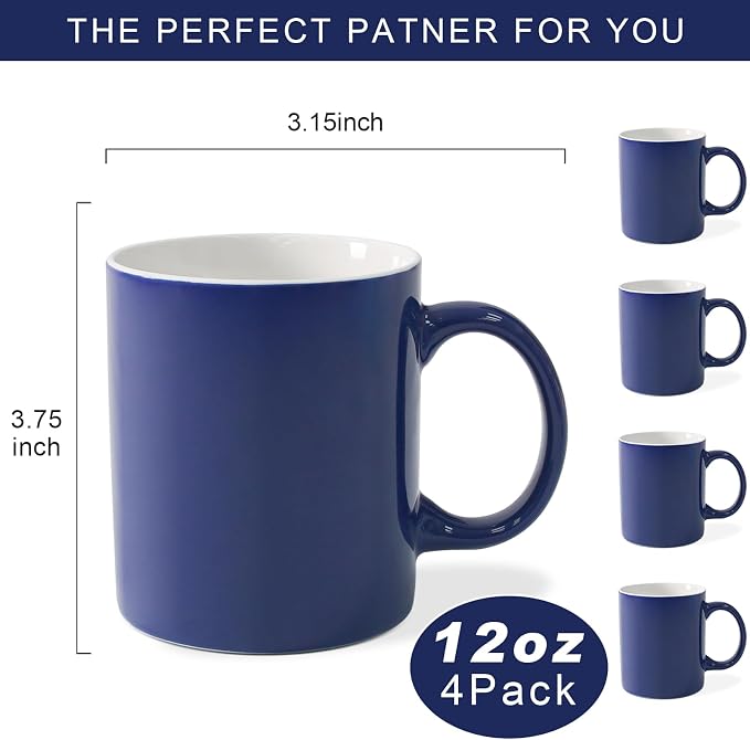 12 oz Cup Plain Gloss Blue Ceramic Coffee Mug Set of 4 - Image 2