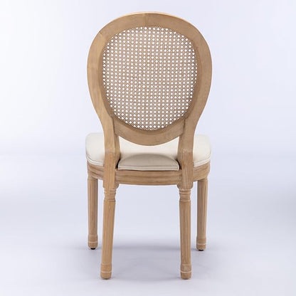 Ball & Cast French Vintage Upholstered Dining Chairs Set of 2, Antique Painting Wooden Kitchen Side-Chairs with Rattan Back & Carved Solid Wood Frame, 2-Piece Curved Backrest Louis Chair, Beige