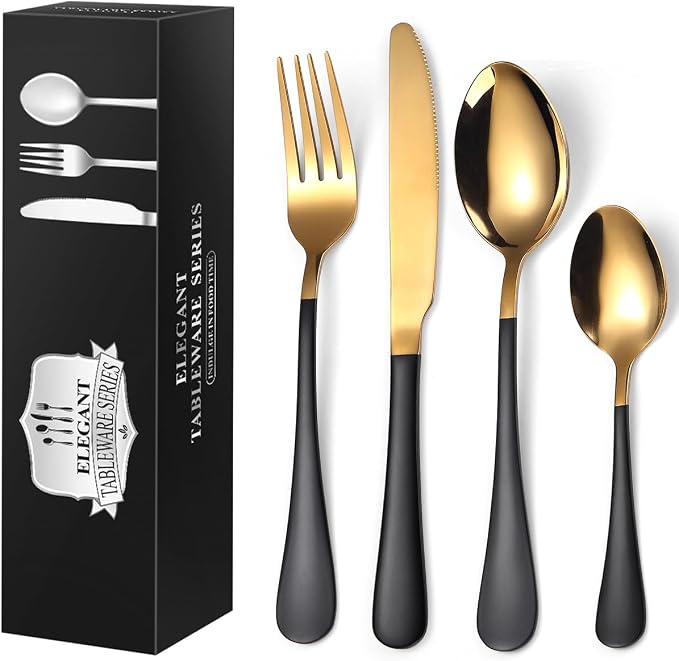24 Piece Black and Gold 18/0 Flatware Utensil Set by Unknown