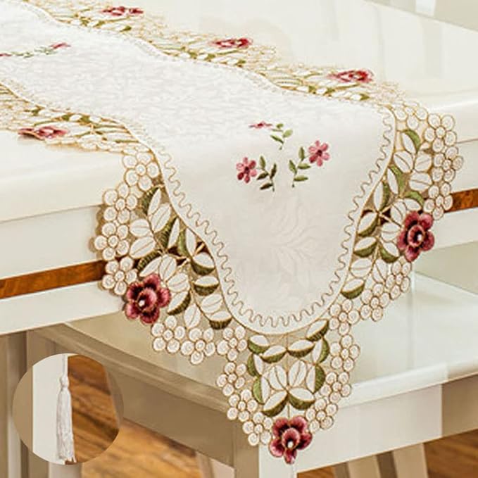 LeLehome 15 Inch X 104 Inch Classic Table Runner Flowers Embroidered Lace Beige by LeLehome