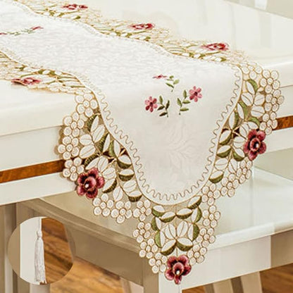 LeLehome 15 Inch X 104 Inch Classic Table Runner Flowers Embroidered Lace Beige by LeLehome