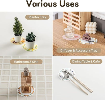 FLT Silicone Colorful Coaster Set of 3, Non-Slip Drink Mat, Cute and Unique Printed Design (Made in Korea) (Pastel - Vase)