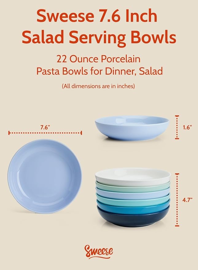 Sweese Pasta Bowls, 22 Ounce Salad Serving Bowls Set of 6, 7.6 Inch Porcelain - Image 2