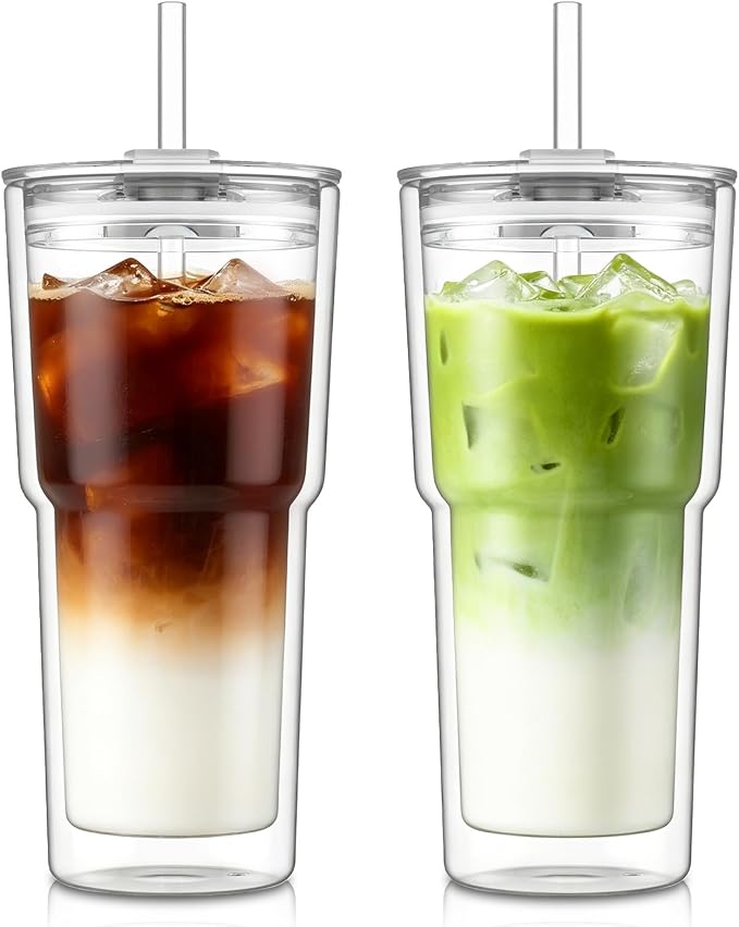 KEMORELA 2PCS 20oz Clear Double Wall Glass Cups by KEMORELA