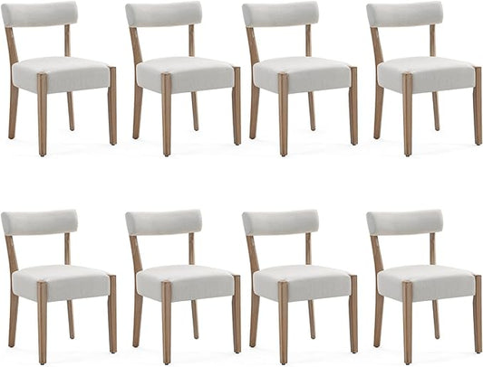Dining Chairs,8 Pack Mid-Century Modern Wooden Kitchen Chairs with Linen Upholstery - Low-Back Woven Design for Kitchen & Dining Room,Beige Fabric