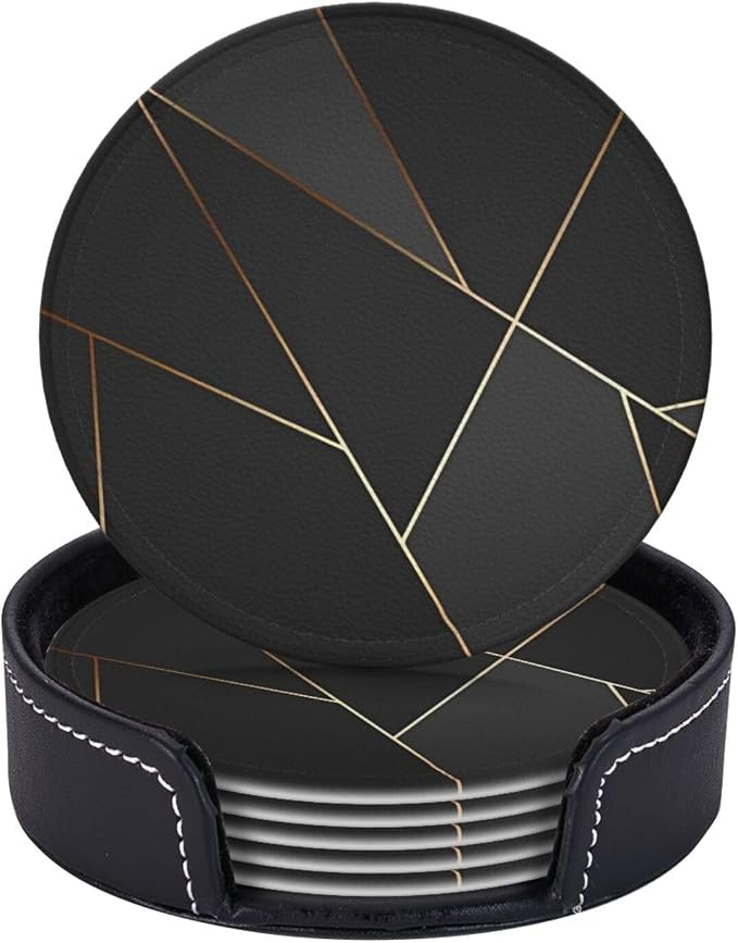 6 Pcs Black Gold Trim Pattern Leather Coasters by CAPVKING