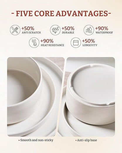 Famiware Porcelain Dinnerware Set, 24-Piece Modern Plate and Bowl Set, dish set for 8, Microwave and Dishwasher Safe Tableware, White