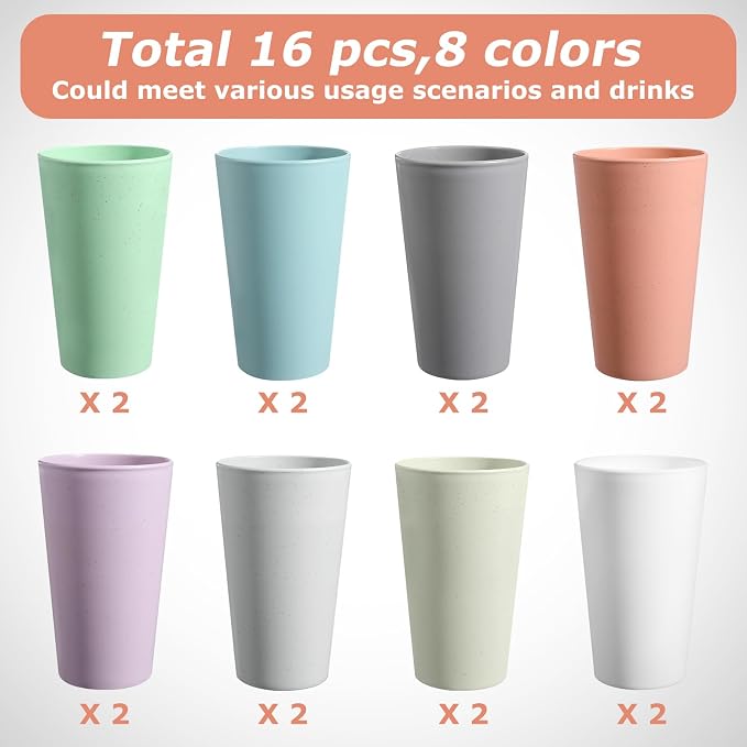 HEYCOME Set of 16 Wheat Straw Cups, Reusable Plastic Cups Sets, Water Glasses - Image 3