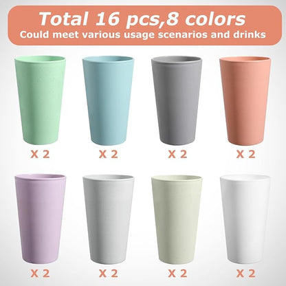 HEYCOME Set of 16 Wheat Straw Cups, Reusable Plastic Cups Sets, Water Glasses - Image 3