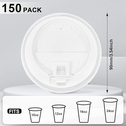 SIUQ 150 Pack Coffee Cup lids, Disposable Plastic Cup Lids for 10, 12, 16, 20, 24 oz Paper Cups, Hot/Cold Drinking Cup Lids, 3.54 Inches/90 mm Diameter - White