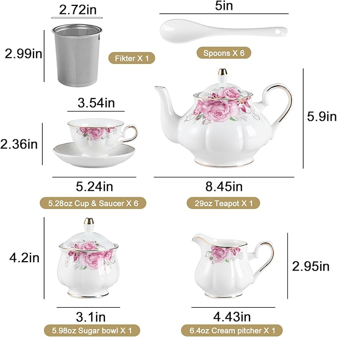 Sweejar Porcelain Tea Set Vintage Floral, British Relief Gold Rim Teapot Cup - Image 6
