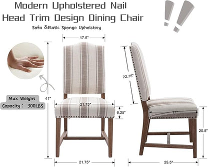 CIMOTA Mid Century Modern Dining Chairs Set of 4, Farmhouse Upholstered Dining Room Chairs Comfortable Kitchen Side Chairs with High Back/Natural Solid Wood Frame, Linen Brown/Beige Stripe