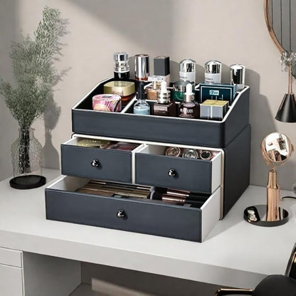 KINGFOM 2 Tier PU Leather Makeup Organizer with 3 Drawers, Cosmetic Storage Organizers for vanity Dresser Countertop and Bathroom Vanity, Beauty Holder for Lipstick Brush Skincare (Black)