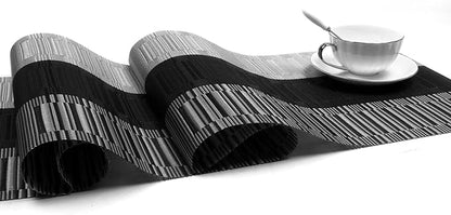 SHACOS Table Runners Woven Vinyl PVC Table Runners 12 x 90 inch Wipeable Heat Resistant Runner for Tables Countertop Indoor Outdoor, Bamboo Ombre Black and Gray