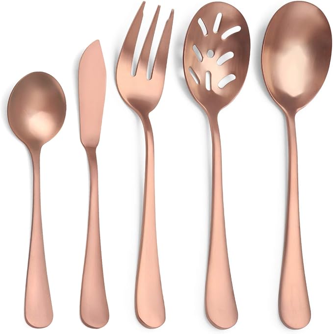 Matte Rose Gold Serving Set，SHARECOOK 5-Piece 18/0 Stainless Steel Large by Sharecook