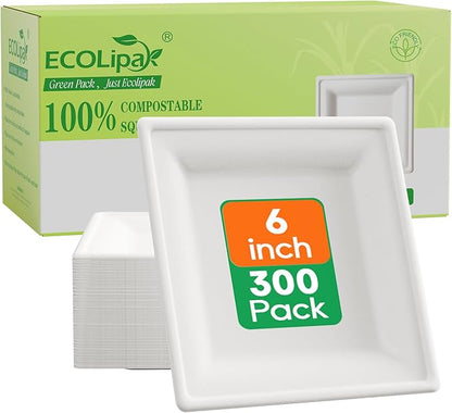 ECOLipak 6 Inch Compostable Square Paper Plates, 300 Count Heavy Duty White Small Paper Appetizer Plates, Disposable Biodegradable for Dessert Daily meals, Dinner, Parties, BBQ