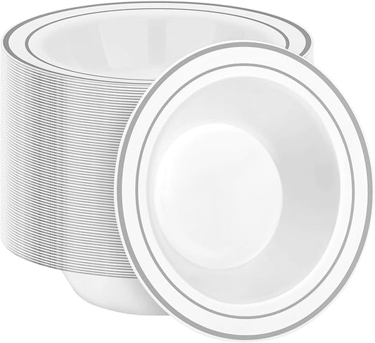 BESTSTAR 100 Pack Disposable Soup Bowls with Silver Rim, 12oz Premium Heavy Duty Plastic Dinner Bowls for Party, Wedding and Holiday