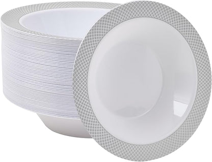JOLLY CHEF 50 Pack Plastic Bowls with Silver Rim, 12 oz Disposable Soup Bowls, Heavy Duty Plastic Dinner Bowl for Weddings, Party, Dinners, Catering, Christmas and Everyday Use