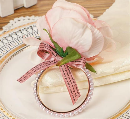 Pearl Napkin Rings Set of 6,Rustic Rose Napkin Rings Flower Dinner Napkin Holder for Table Decoration (21#Peach Pink)