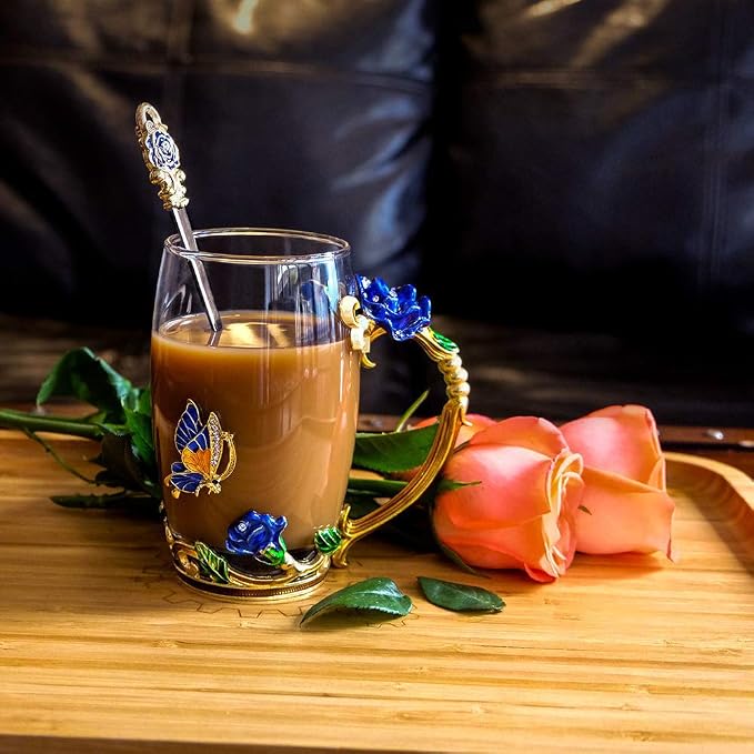 Enamel Glass Tea Cup Blue Rose Coffee Mug, Personalized Gifts - Image 3