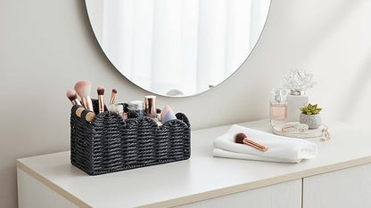 CubesLand Bedside Table Desk Organizer Caddy, Remote Pen&Pencil Holder Cup, Makeup Brush Holder w/Scalloped Perfect for Home, Office Desk, Living Room Table Decor, 3 Slots Black
