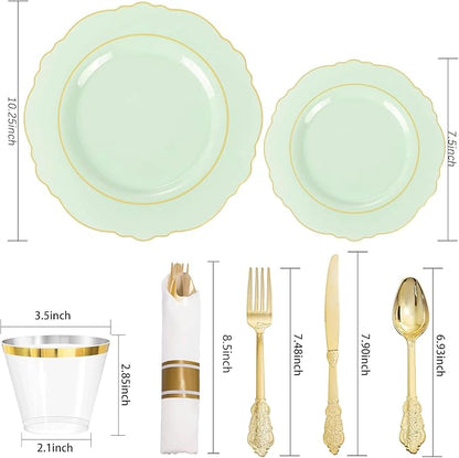 Liacere 350PCS Light Green Plates - Disposable Green and Gold Plastic Plates 50guest Baroque Dinnerware include 100Plates,50Pack Pre Rolled Napkins with Silverware 50Cups for Wedding ＆ Easter Day