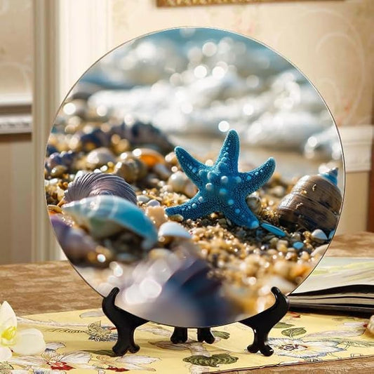 Tranquil Beach Seashells Decorative Ceramic Plates 10 Inch with Display Stand Designed for Elegant Wall Hanging DP-858554174
