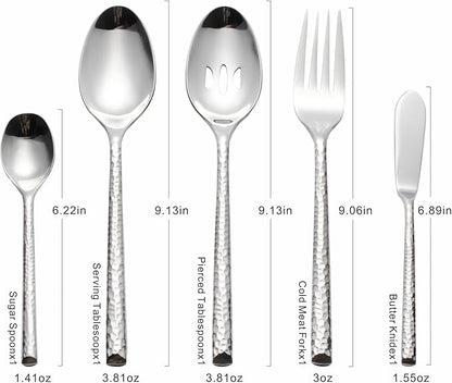 45-Piece Forged Hammered Stainless Steel Flatware Cutlery Set for 8, SXY INOX Includes 8 sets and 1 Butter Knife,1 Serving Tablespoon,1 Cold Meat Fork,1 Pierced Tablespoon,1 Suger Spoon