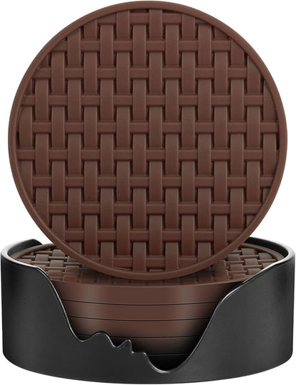 Brown Round Silicone Coasters with Holder, Heat Resistant & Waterproof Cup Mats, 4 Inches Non-Slip Decorative Coster Set 6 Packs for Home, Office, Kitchen, Coffee Bar Table